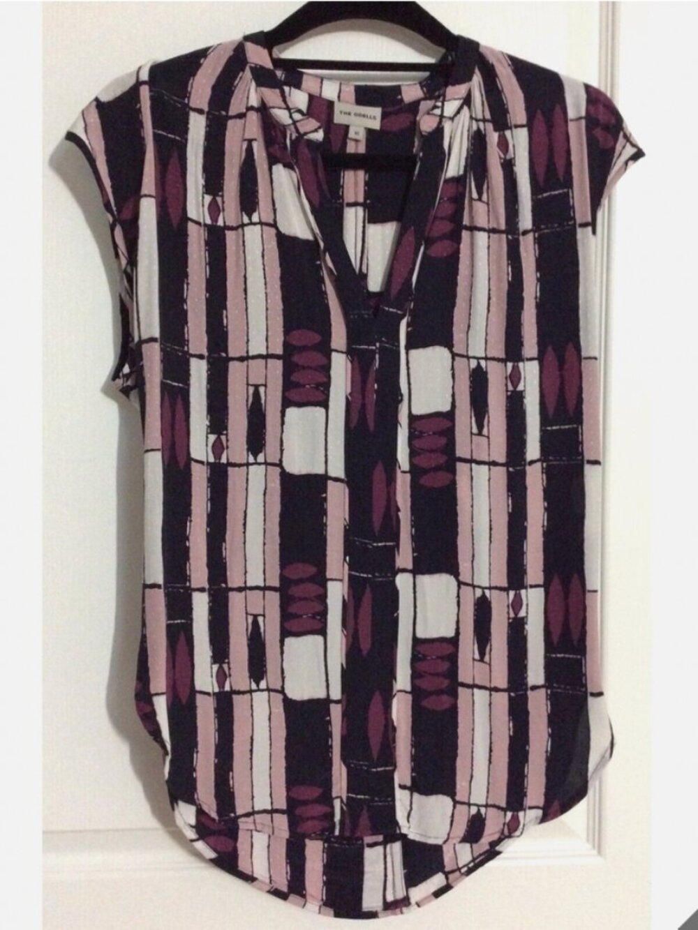THE ODELLS Geometric Multicolor High-Low V-Neck Purple Dolman Blouse Sz XS